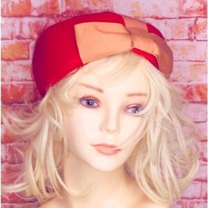 Vintage MCM Red and Orange Pillbox Beret Hat
